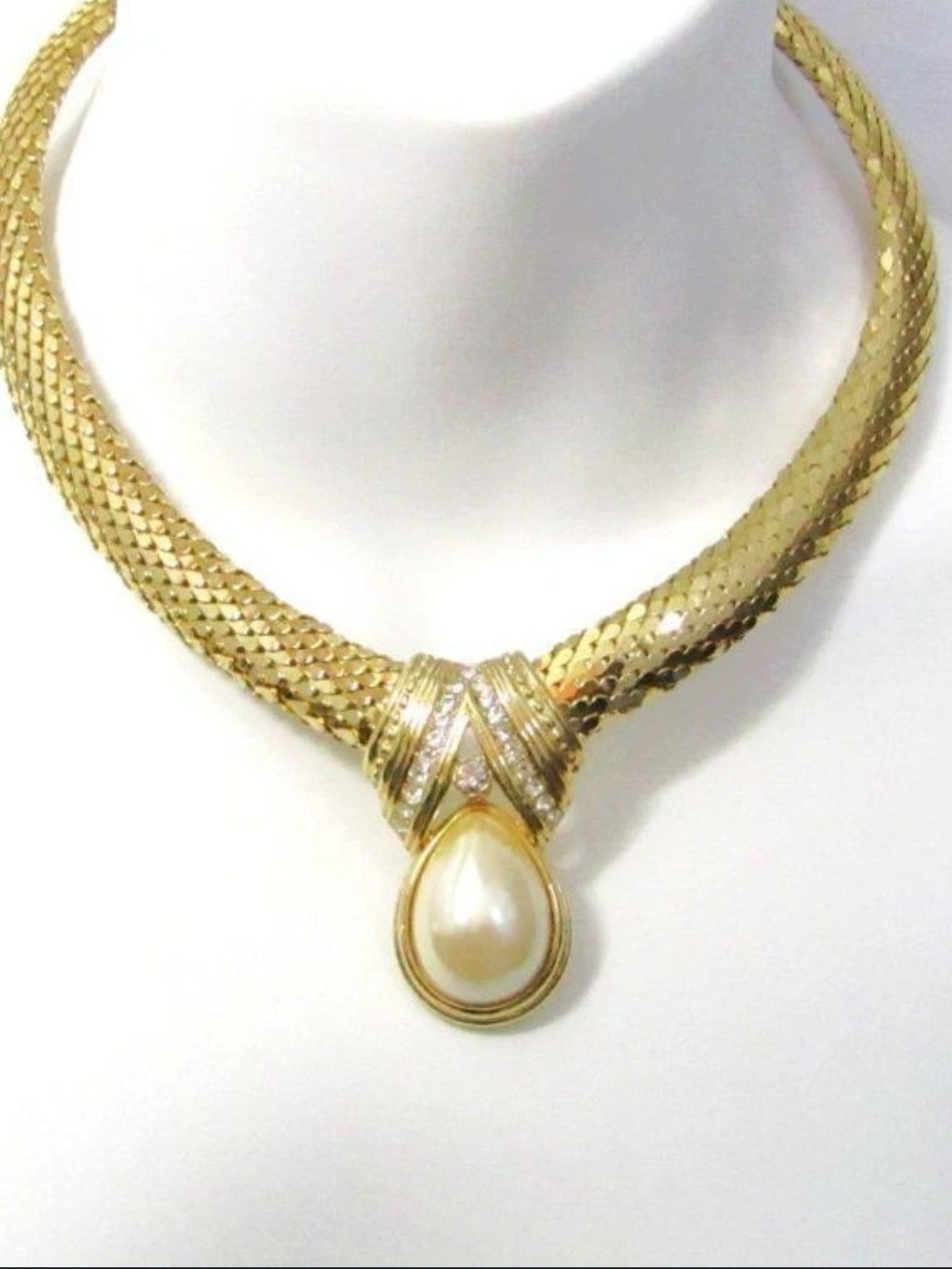 Whiting & Davis Gold Tone Mesh Necklace with Pearl Drop - Picture 1 of 6